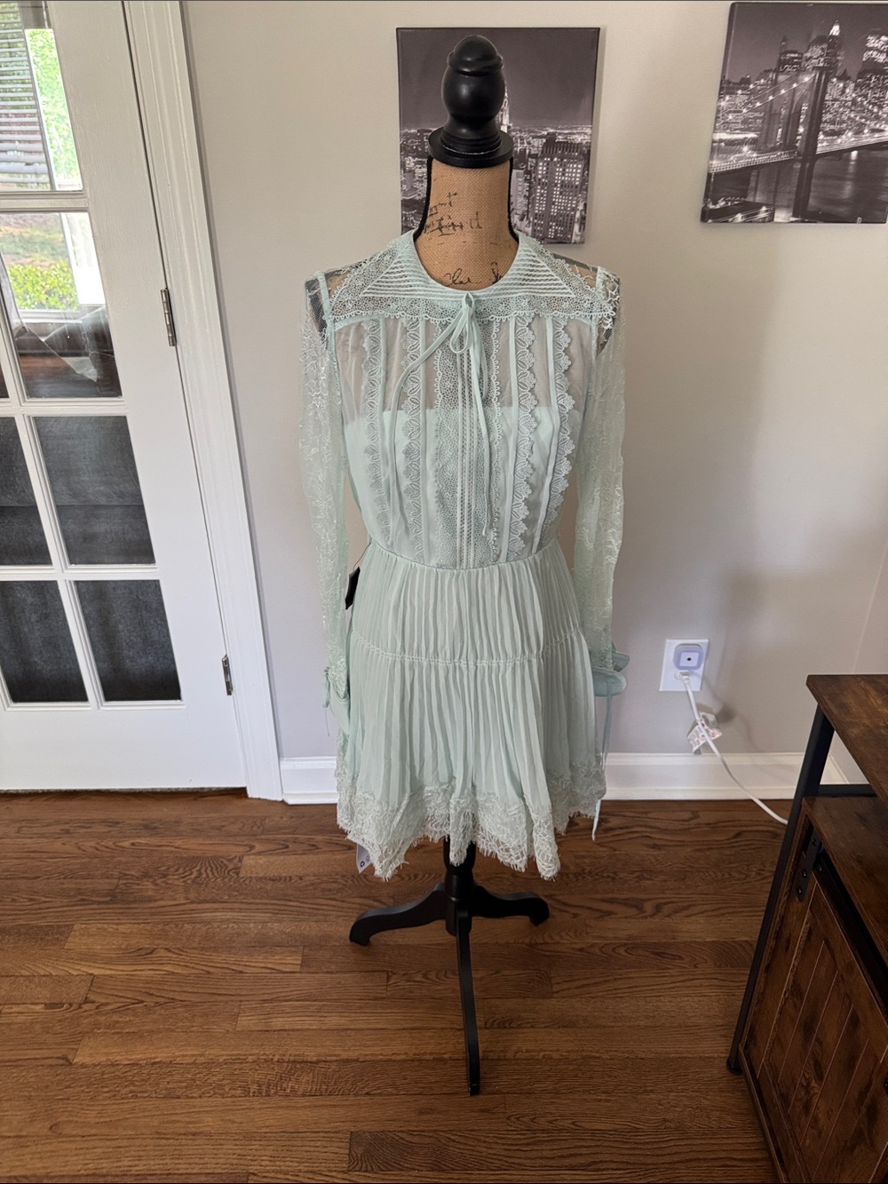 Self-Portrait Mint Green Lace Tie-Neck Long Sleeve Dress
